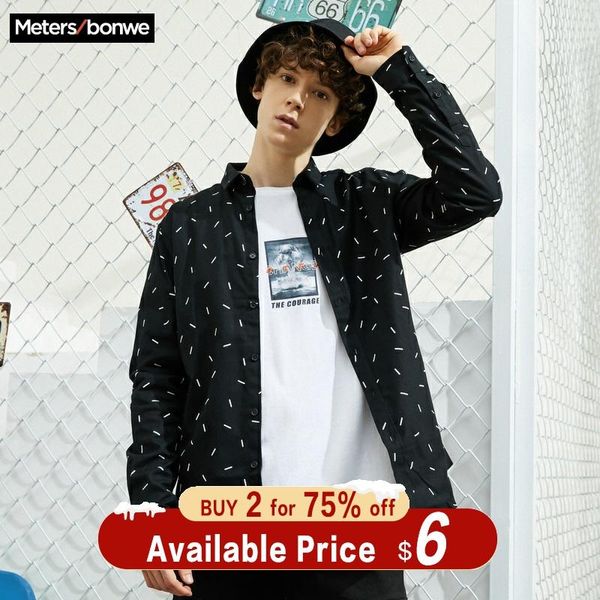 

metersbonwe men shirt long sleeve new spring autumn polka dot literary print brushed slim bottoming shirt, White;black