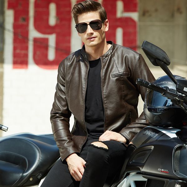 

gentlemen leather jacket brand slender stand biker motorcycle jacket men men overwear random pu leather men's clothing, Black