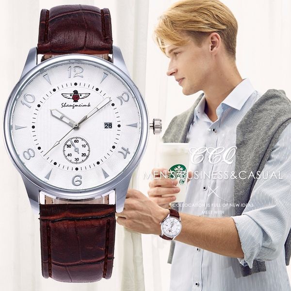 

shangmeimk brand men watches luxury fashion leather strap calendar business clock quartz wristwatches relogio masculino hot, Slivery;brown