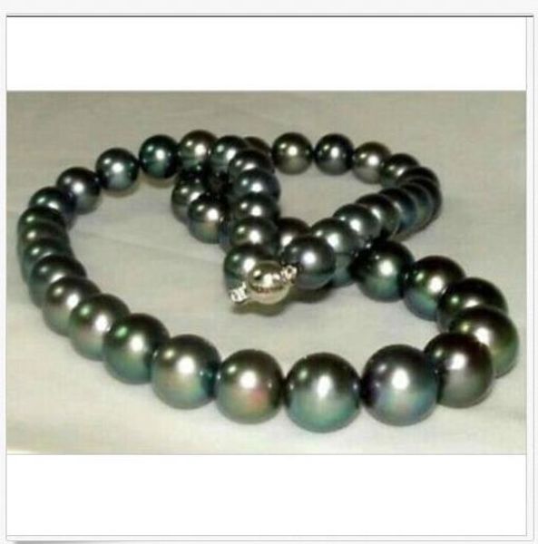 

stunning 10-11mm perfect round tahitian black pearl necklace 18inch 14k gold, Silver