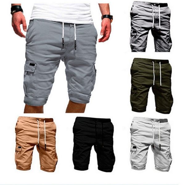 

2020 new mens shorts fitness casual drawstring short pants shorts men's multi-pocket sports, White;black