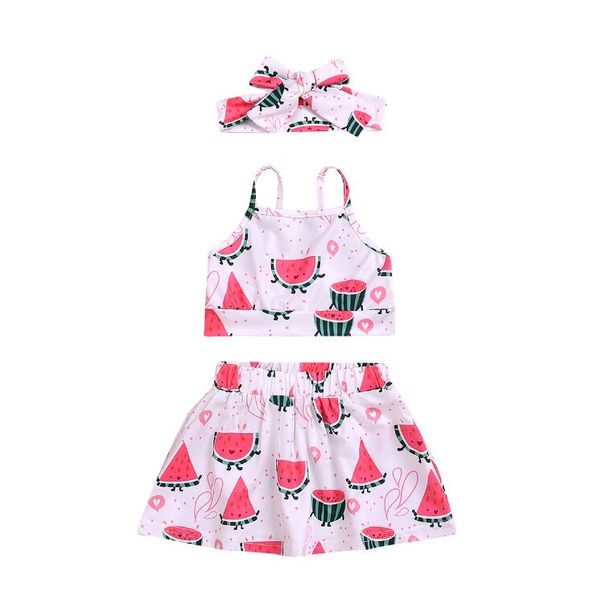 

оптовые летние новые платья без рукавов костюм ребенка девушка дизайнер одежды печатные арбуз юбка 3шт / набор детей дизайнер одежды девочки, White