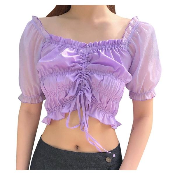 

women's blouses & shirts women wrinkled backless blouse shirt mesh sheer puff sleeve wrap chest 2021 spring summer ladies solid, White