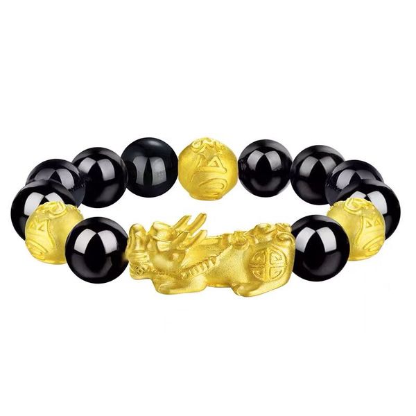 

vietnam alluvial gold bracelet brave series mens 3d hard gold 999 obsidian picchu lucky jewelry opening does not fade, Black