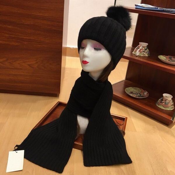 

2020 cotton black knitting hats with black hair ball scarves sets women's winter comfortable warm hats and scarves with box, Blue;gray