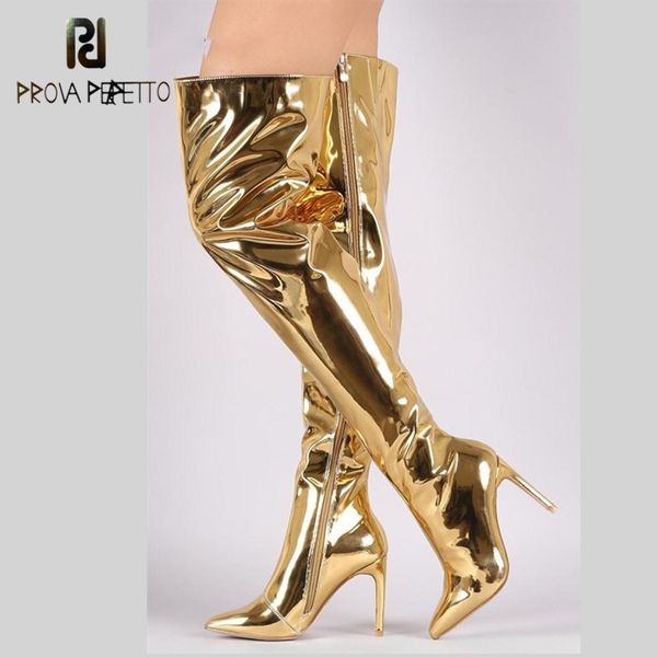 

prova perfetto silver mirror thigh high boots women point club party shoes thin high heels over the knee long boots women, Black