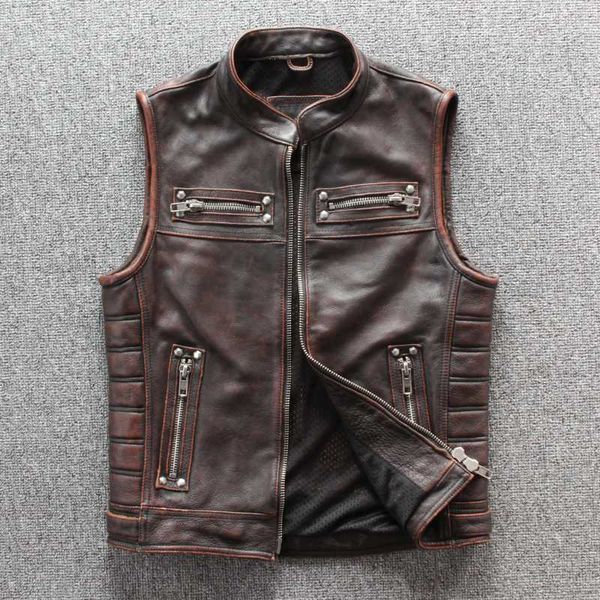 

2020 retro brown men american casual style leather vest plus size xxxxl real cowhide spring slim fit natural vest ing, Black;white