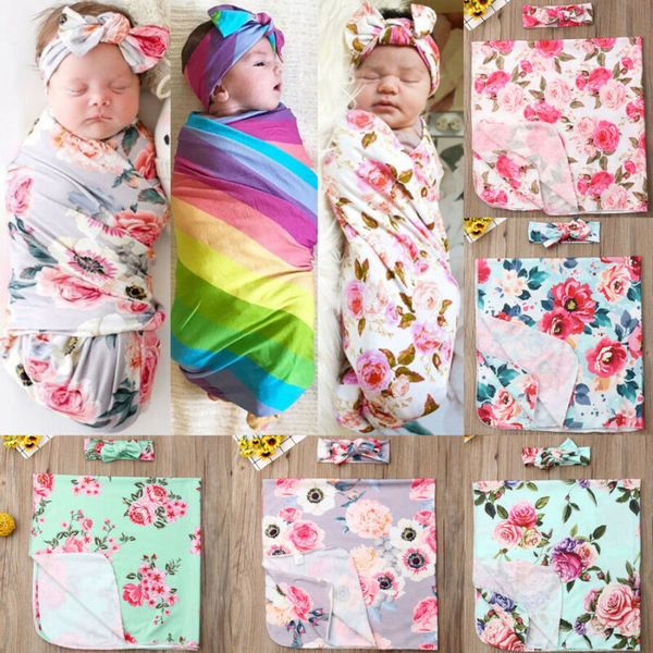 

2019 newborn baby girl floral swaddle wrap blanket soft sleeping bag+headband set