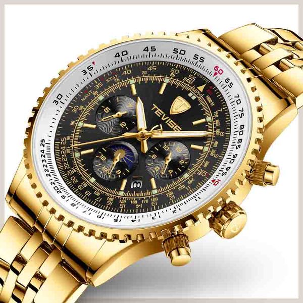 

fashion leisure tevise fully automatic men six stitches calendar luminous dial stainless steel gone luxury gift dress mechanical watches, Slivery;brown