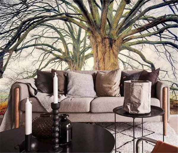 Papel de parede por atacado HD Inverno Floresta Grande Árvore Paisagem Sala de estar Quarto Fundo Decoração Da Parede Mural Papel De Parede