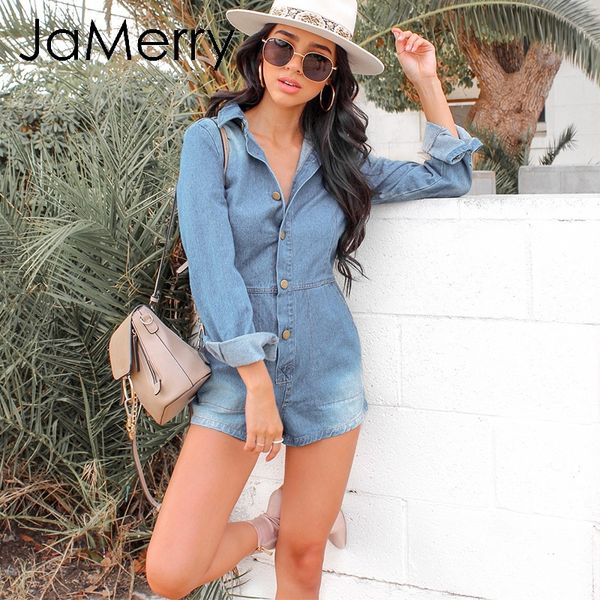 

jamerry vintage casual blue womens playsuits long sleeve buttons denim jumpsuit romper female solid jumpsuit jeans overalls, Black;white