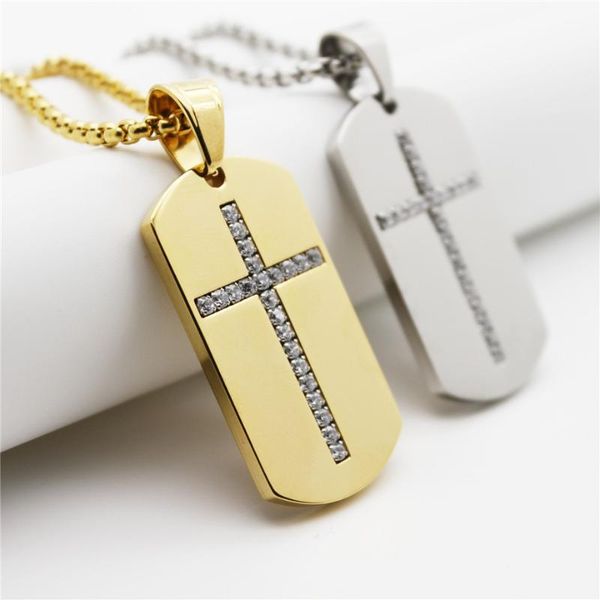 

new men dog tag cross necklaces & pendant gold color stainless steel chain iced out cz christian necklace male jewelry for men, Silver