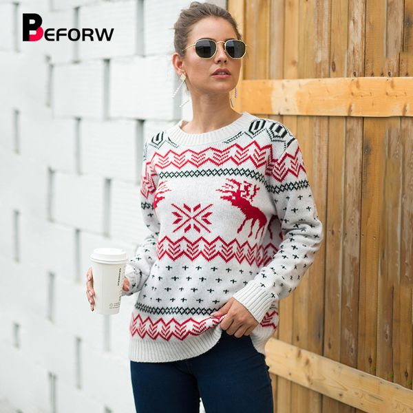 

beforw 2019 fashion christmas fall winter round neck knitted women sweater pullover reindeer snowflakes pattern sweaters jumper, White;black