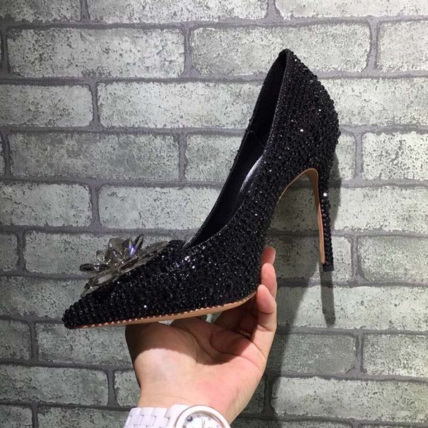 

grade cinderella crystal shoes bridal rhinestone wedding shoes with flower genuine leather big small size 34-42, Black