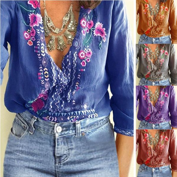 

plus size womens and blouses v-neck lace floral ladies shirts casual long sleeve loose summer embroidery blouse, White