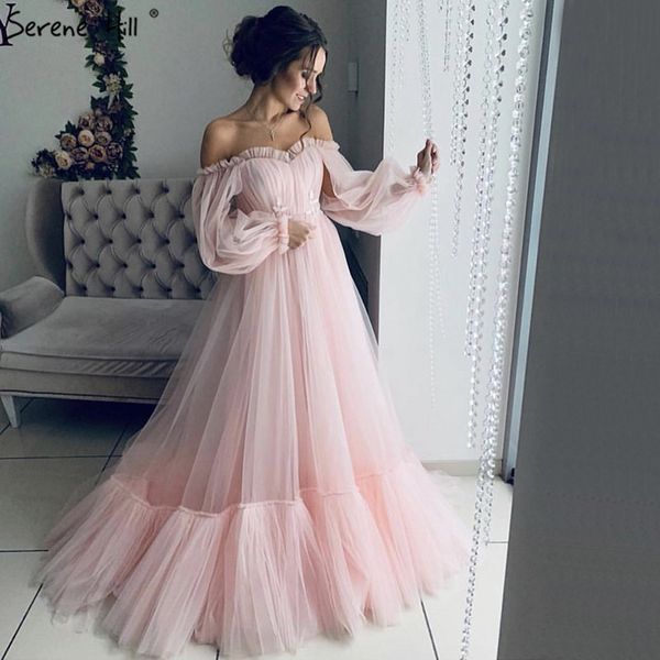 

2019 pink simple fashion evening dresses long sleeves tulle pgraphy evening gowns serene hill ha2215, White;black
