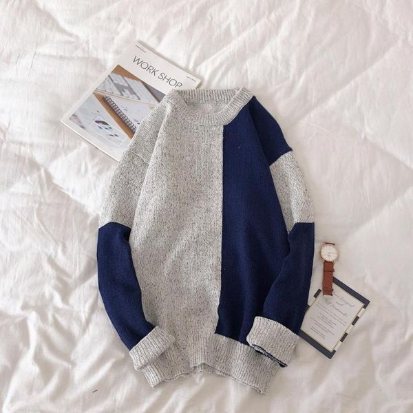 

men clothes autumn winter wind hit color spliced knitted sweater male o-neck youth casual loose korean student pullover trendy, White;black