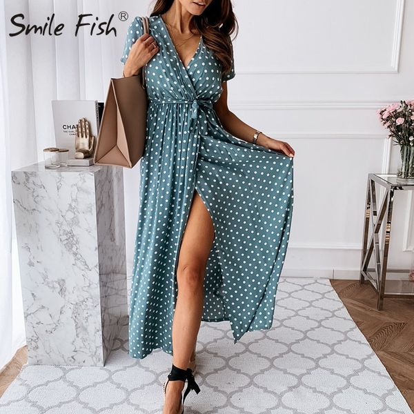 

women split sashes mid calf deep v-neck dot dress boho summer short sleeve elegant clothes holiday a-line dresses g1499, White;black