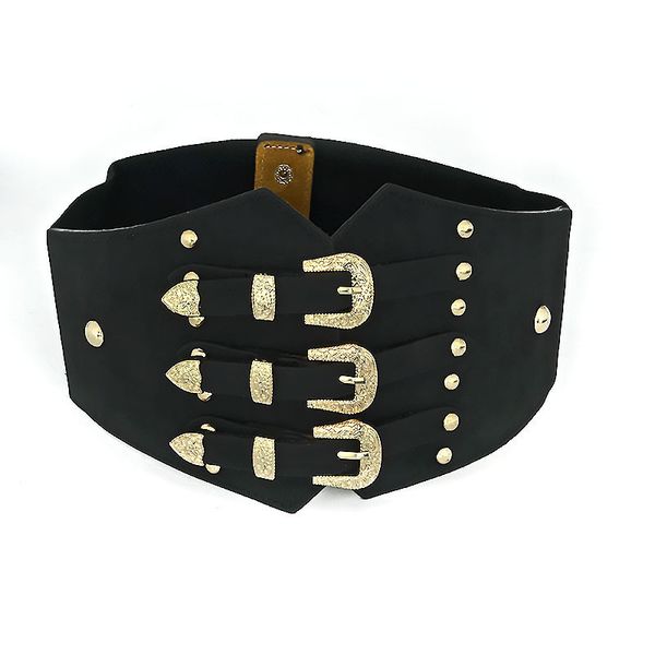 

luxury lady's dress waistband punk wide belts for women retro metal pin buckle faux leather elastic corset designer brand bg-361 y20011, Slivery;black