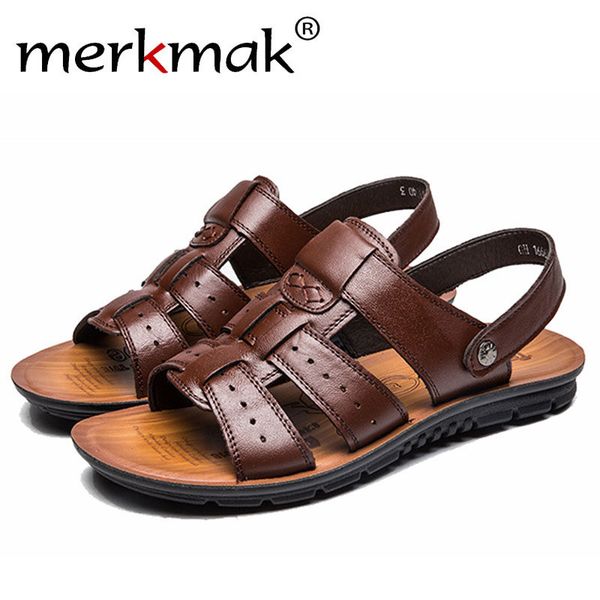 

merkmak england cow leather men sandals shoes black brown hand sewing men summer shoes breathable beach summer footwear