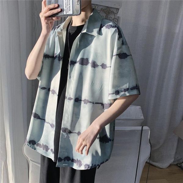 

summer loose shirt men fashion men clothes 2020 short sleeve print casual shirts streetwear thin turn down collar blouse, White;black