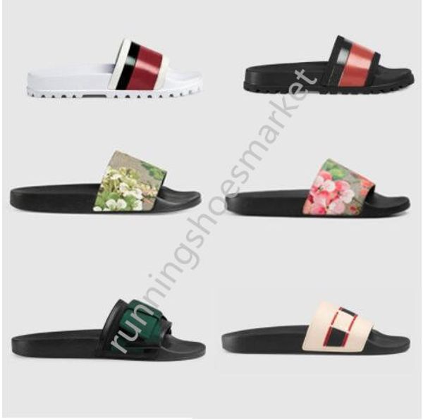 

2020 designer rubber slide sandal floral brocade men slipper gear bottoms flip flops women striped beach causal slipper with box us5-11, Black