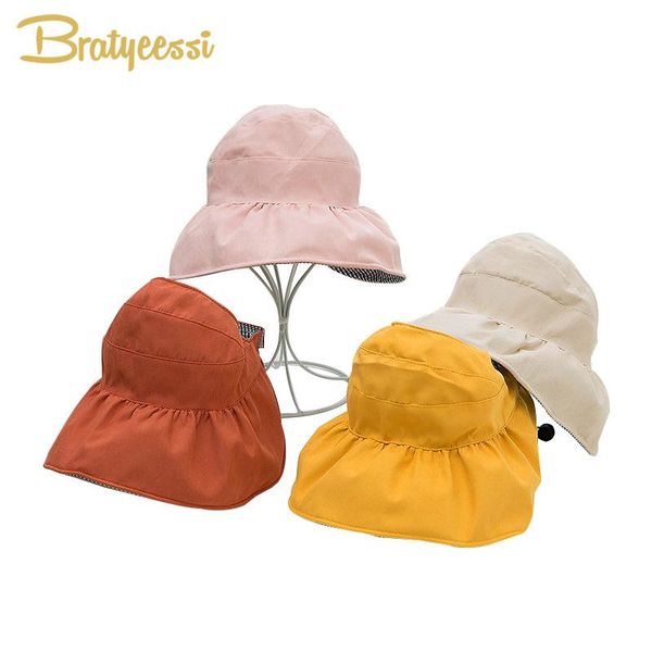 

summer baby hat for girls folding beach visor cap kids sun hats cotton wide brim children hats with wind rope baby cap navxw, Yellow