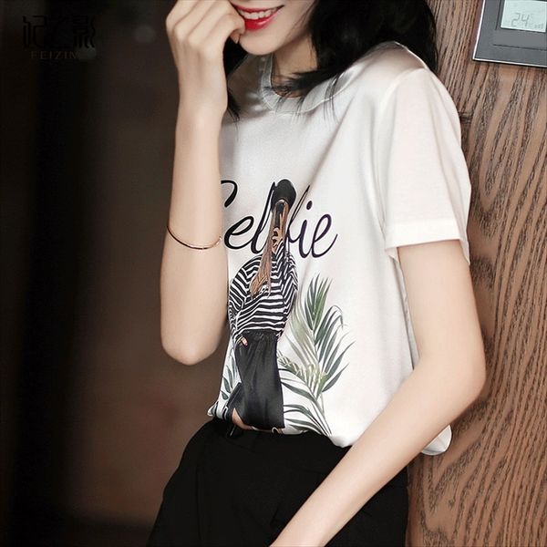 

white short-sleeved printed silk t- women's summer clothes 2020 mulberry silk base slim shirt shirt fashion