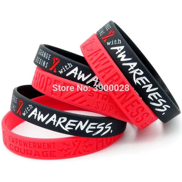 

1pc red awareness ribbon silicone wristband bracelet ing, Golden;silver