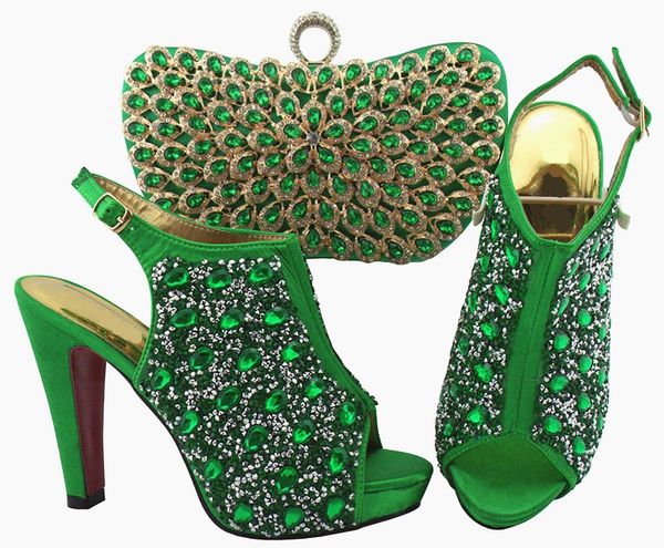 

wonderful army green women pumps and bag set with colorful crystal decoration african shoes match handbag for dress qsl005,heel 12cm