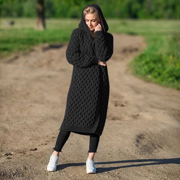 

winter long sweater cardigan women solid warm knitted long hooded sweater coat open front female cardigan, White