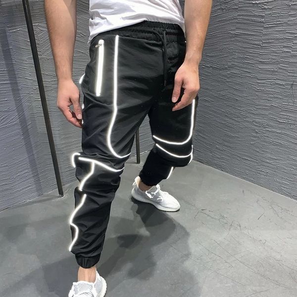 

safe night running jogger men sport reflective pant training gym fitness pencil trouser thin patchwork jogging sportswear, Black