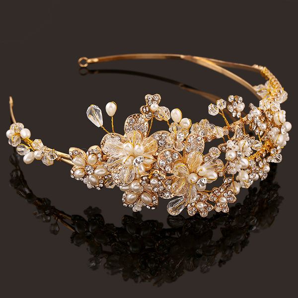 Ocidental casamento Acessórios de cabelo Jóias Handmade ouro Crystal Pearl Vine Flower Crown And Tiara barroco nupcial da noiva Headband CJ191226