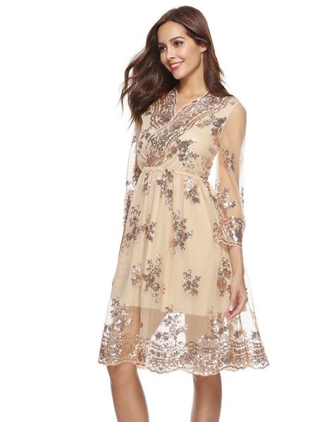 

lace sequins women princess dresses tranparent flare sleeve high waist girls dress fashion summer party female vestidos, Red;black