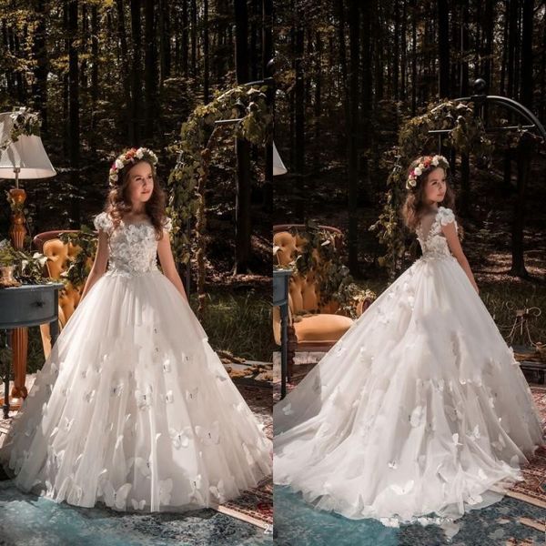 Günstige formelle Anlässe Schmetterling Blumenmädchenkleider Applikation Erstkommunion Party Abschlussball Prinzessin Kleid Brautjungfer Hochzeit mit Trai257R