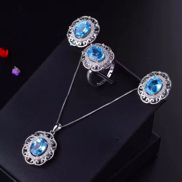 

meibapj natural blue z jewelry set 925 pure silver ring earrings pendant necklace 3 suits fine wedding jewelry for women, Black