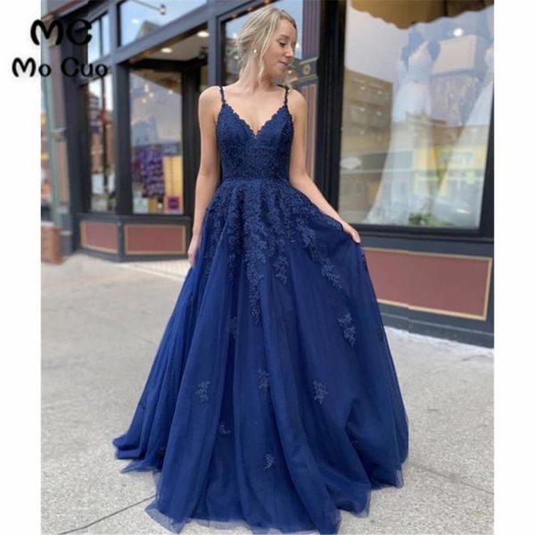 

puffy navy blue prom dresses long appliques spaghetti straps v-neck floor length tulle formal evening party dress, White;black