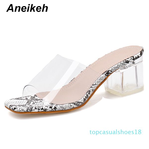 

aneikeh fashion serpentine slides clear pvc transparent slippers women shoes peep toe square 5cm high heels mules dress pumps, Black
