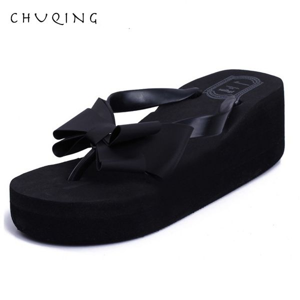 

chuqing new 2019 lady summer platform slides shoes woman bow ribbon slippers, Black