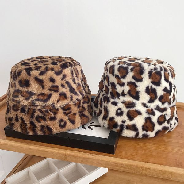 

1pcs autumn winter vintage leopard plush bucket hat cap faux fur fisherman hat fashion korea japanese warm padded basin cap, Blue;gray