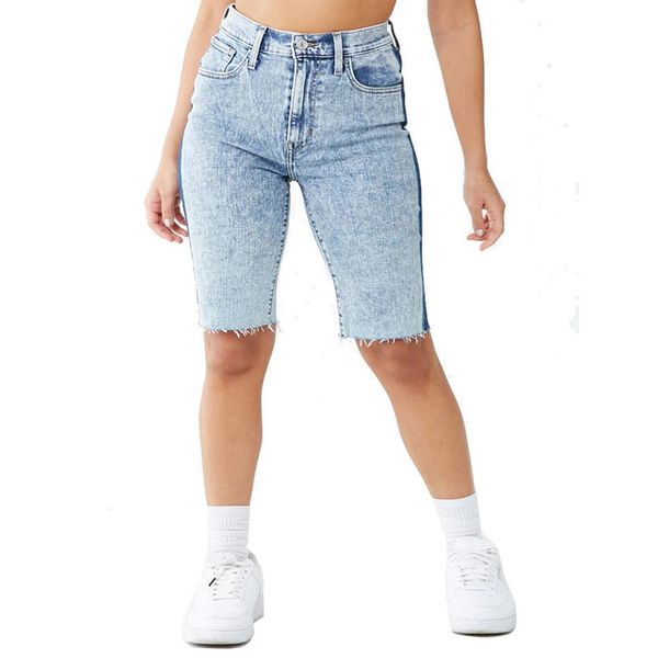

women's pocket stitching jeans skinny pencil denim shorts high waist tassel ripped jeans summer large size denim short, Blue