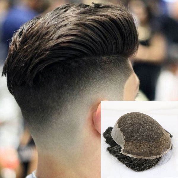 

q6 base peruk французское кружево с кожей спины мужчины toupee vario цвет реми человеческих волос мужские replacemen система шиньоны, Black