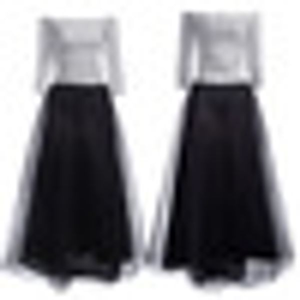 

2pcs/set women stripe white off shoulder black tulle long skirts prom dress