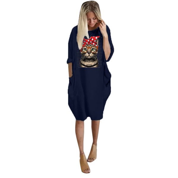 

women cat printed mini dress selling plus size long sleeve with pocket winter casual dress dropshipping vestidos mujer#g1, Black;gray