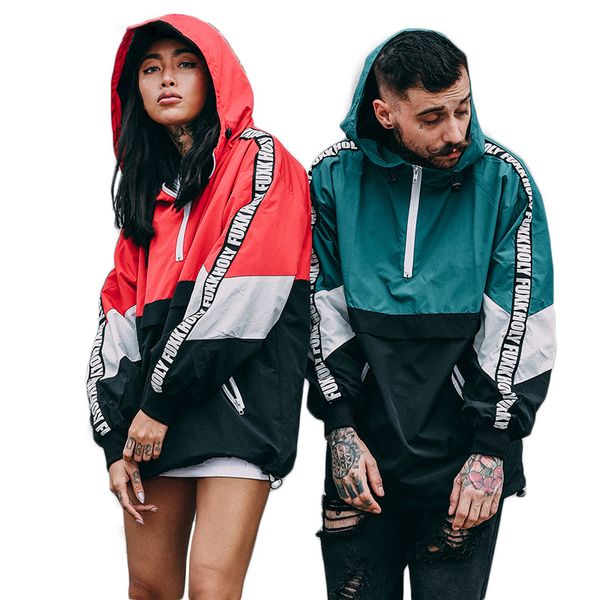 

jackets men patchwork color hooded pullover jacket zipper tracksuit fashion coats hip hop male streetwear autumn couple, Black;brown