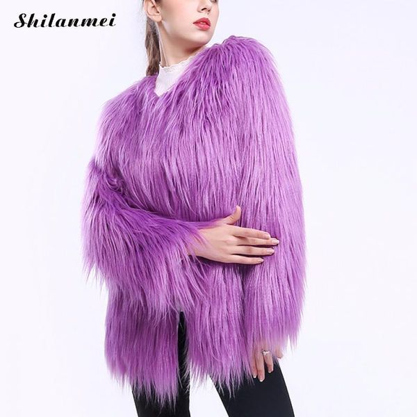 

female outerwear autumn winter coat jacket long sleeve hairy collarless overcoat fashion furry faux fur coat women fluffy warm, Black