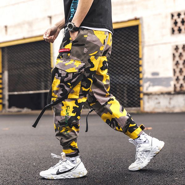 

harem pants camouflage men cargo pant tactical streetwear pant yellow casual camo trousers multi pocket 2019 spring, Black