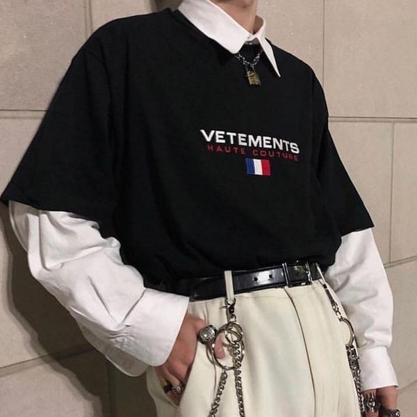 

19ss Vetements мода тройник французский флаг вышитые короткие рукава мужчины и женщины