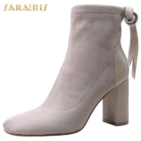 

sarairis new arrivals 2020 kid suede chunky high heels ankle boots woman shoes slip on concise shoes women boots, Black