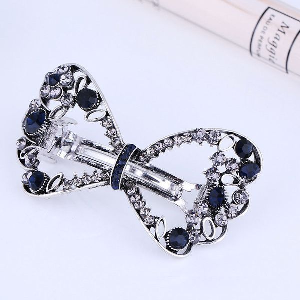 

medium size bowknot hair clip barrette crystal rhinestone vintage metal ponytail holder antique silver plated hair jewelry, Golden;white